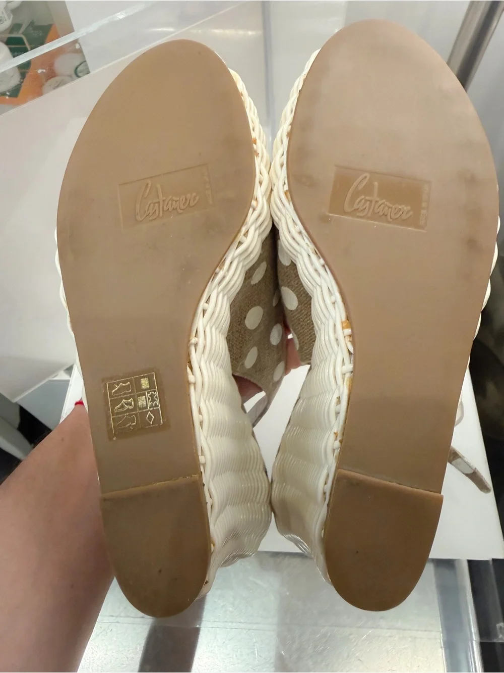 New Never worn Castanet Beige Polka Dot Espadrille Wedge Sandals Made in Spain